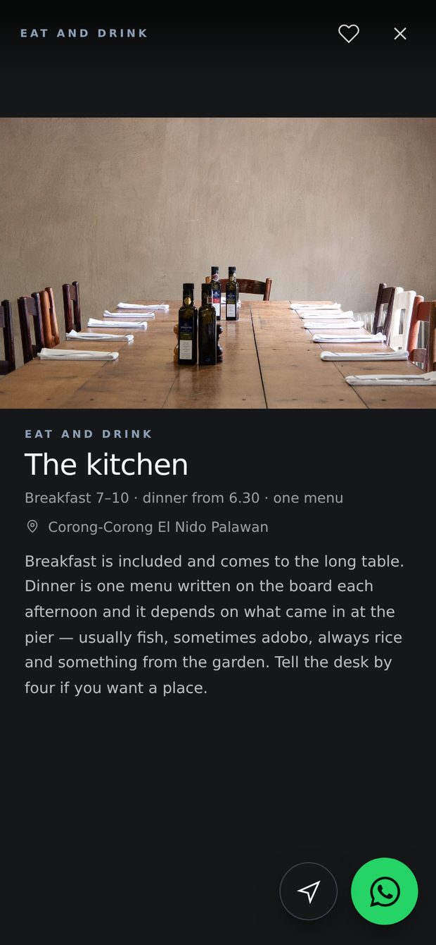 The hotel’s kitchen in the app: a photograph, opening times and a description.