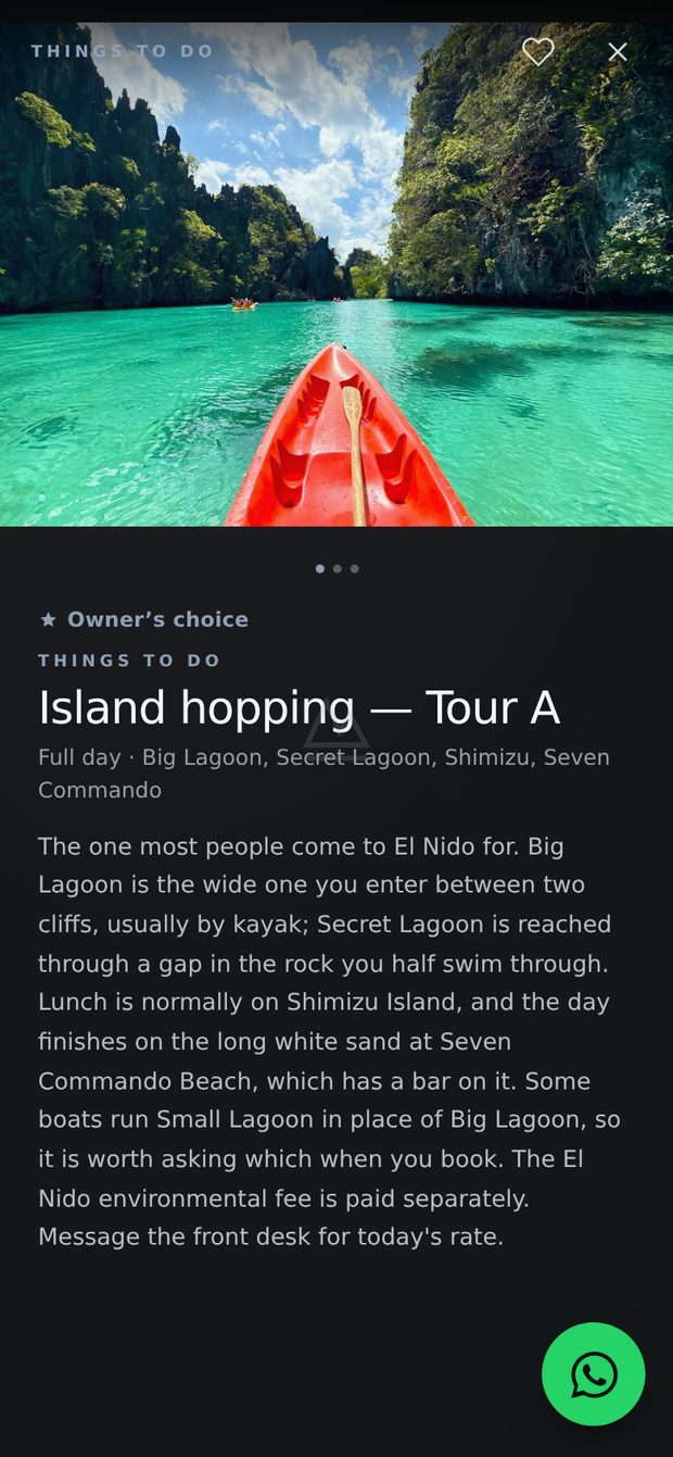 An island-hopping tour open in the app, with photographs, the price and a WhatsApp button that books it with the hotel.