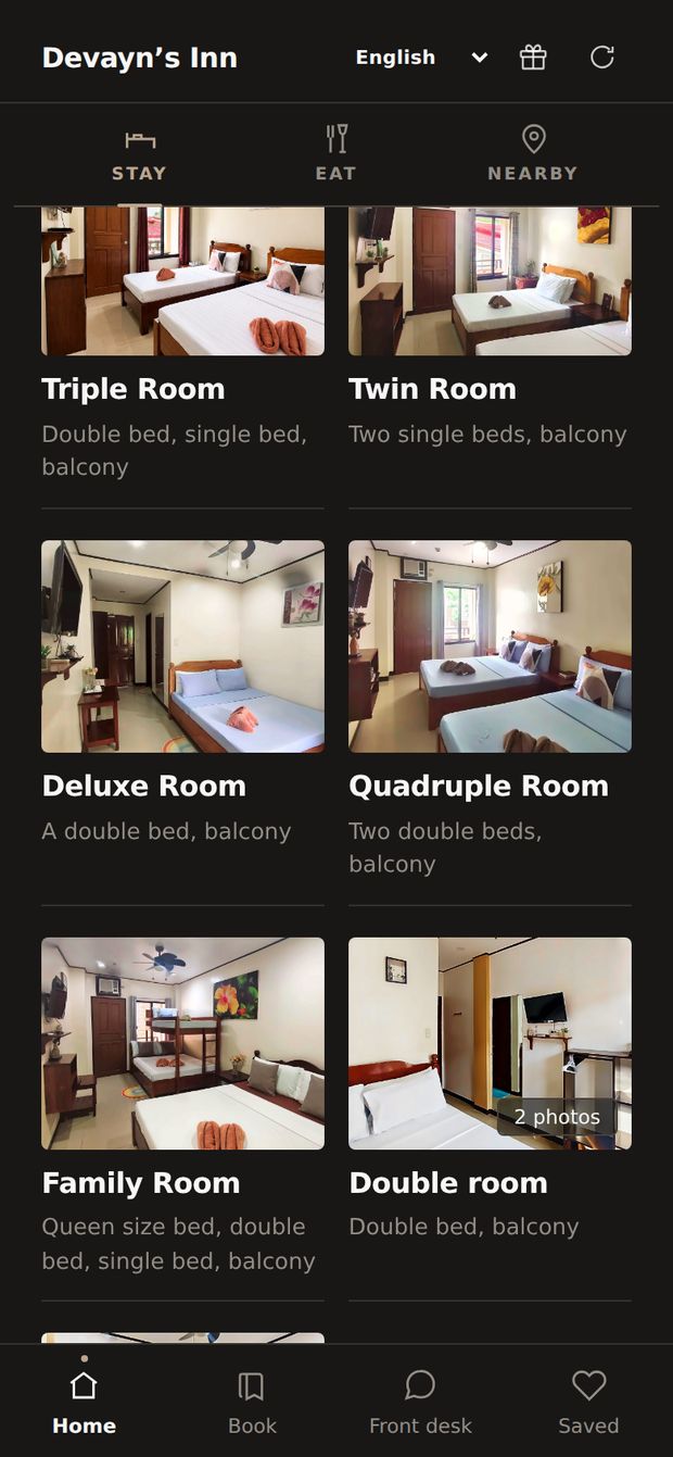 Devayn’s Inn’s rooms in her app: triple, twin, deluxe, quadruple, family and double rooms, each with a photograph.