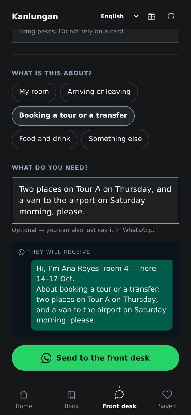 A guest's request, with the exact message the front desk will receive: name, room, dates and the request.