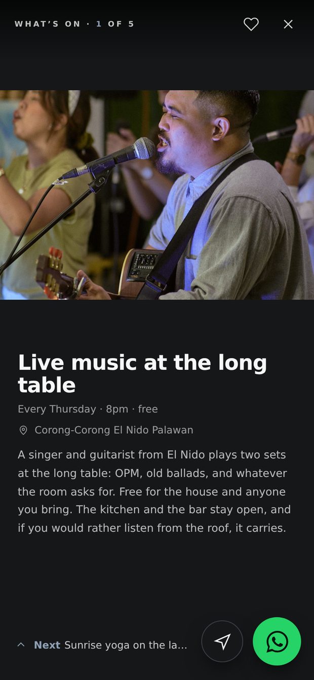 The live music night open: a local singer and guitarist, every Thursday at 8pm, free, with a WhatsApp button to the front desk.
