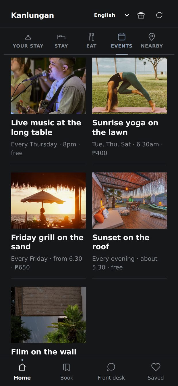 What’s on: live music on Thursdays, sunrise yoga on the lawn, a grill night, sunset on the roof and a film night, each with its day, time and price.