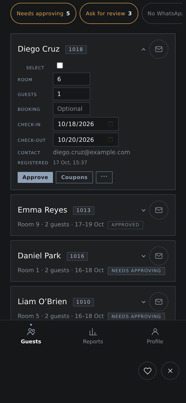 One guest open, with Approve and Coupons.