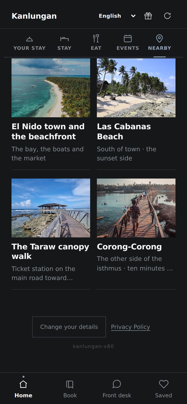 Beaches and places near the hotel, each with a photograph.