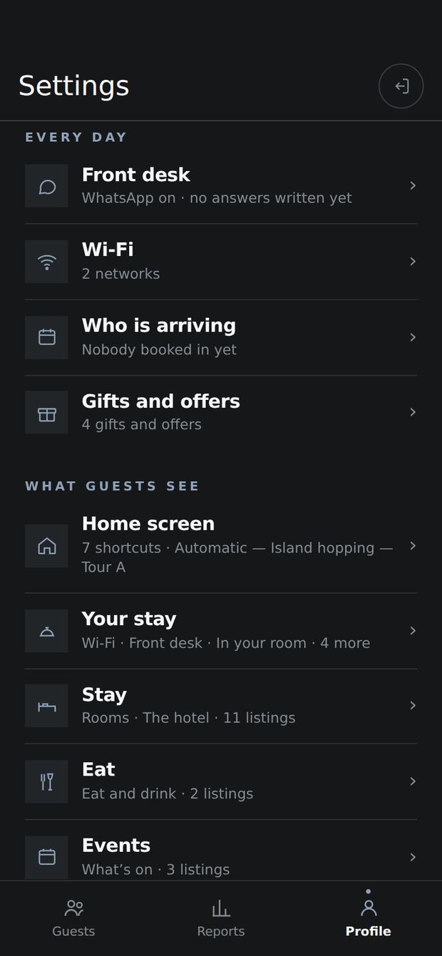 All the owner's settings: front desk, Wi-Fi, gifts and every screen guests see.