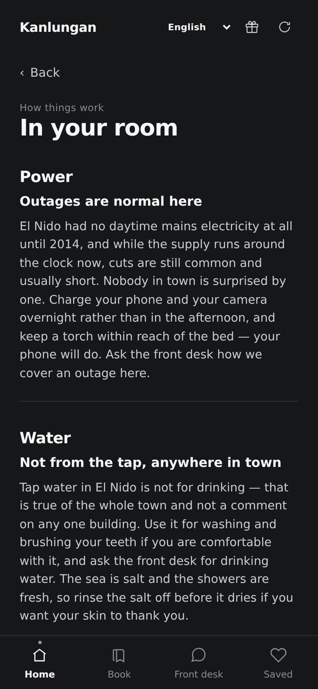 In your room: how the power and the water work.