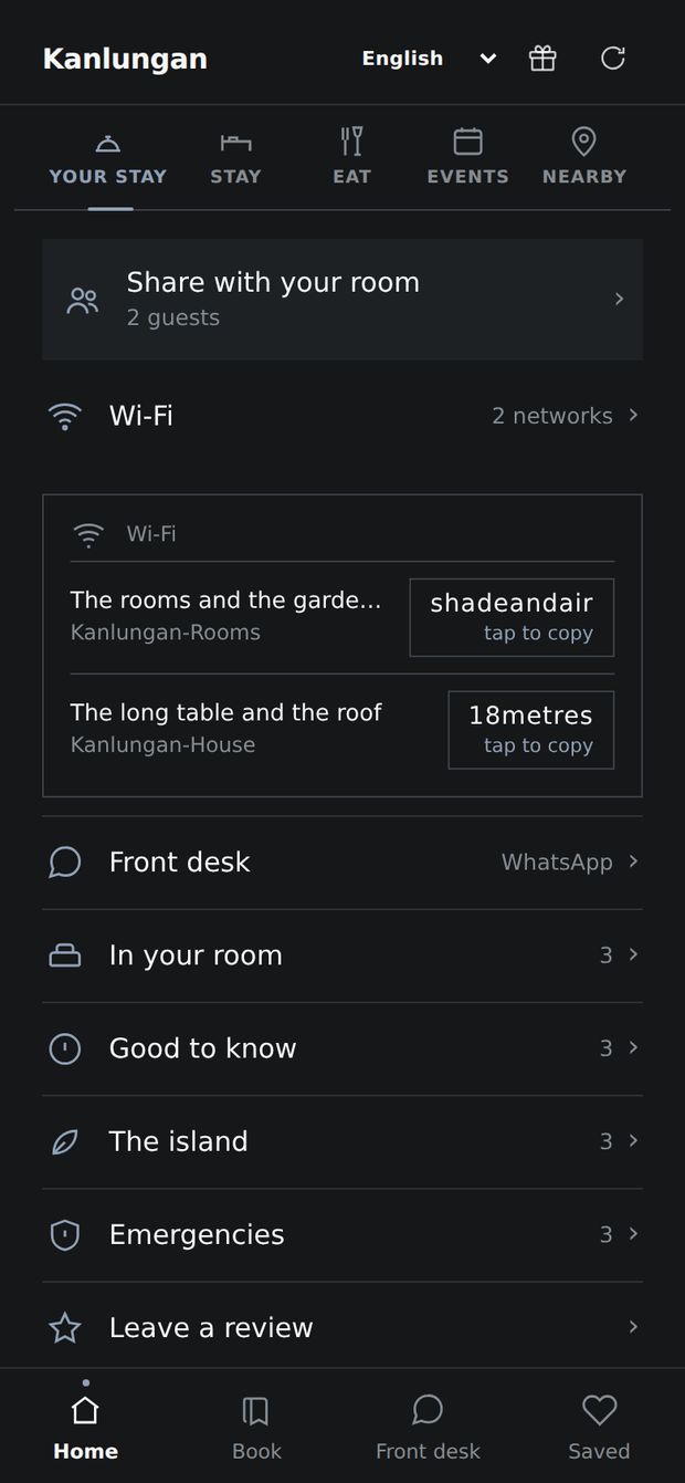 Two Wi-Fi networks with their passwords, each copied with one tap.